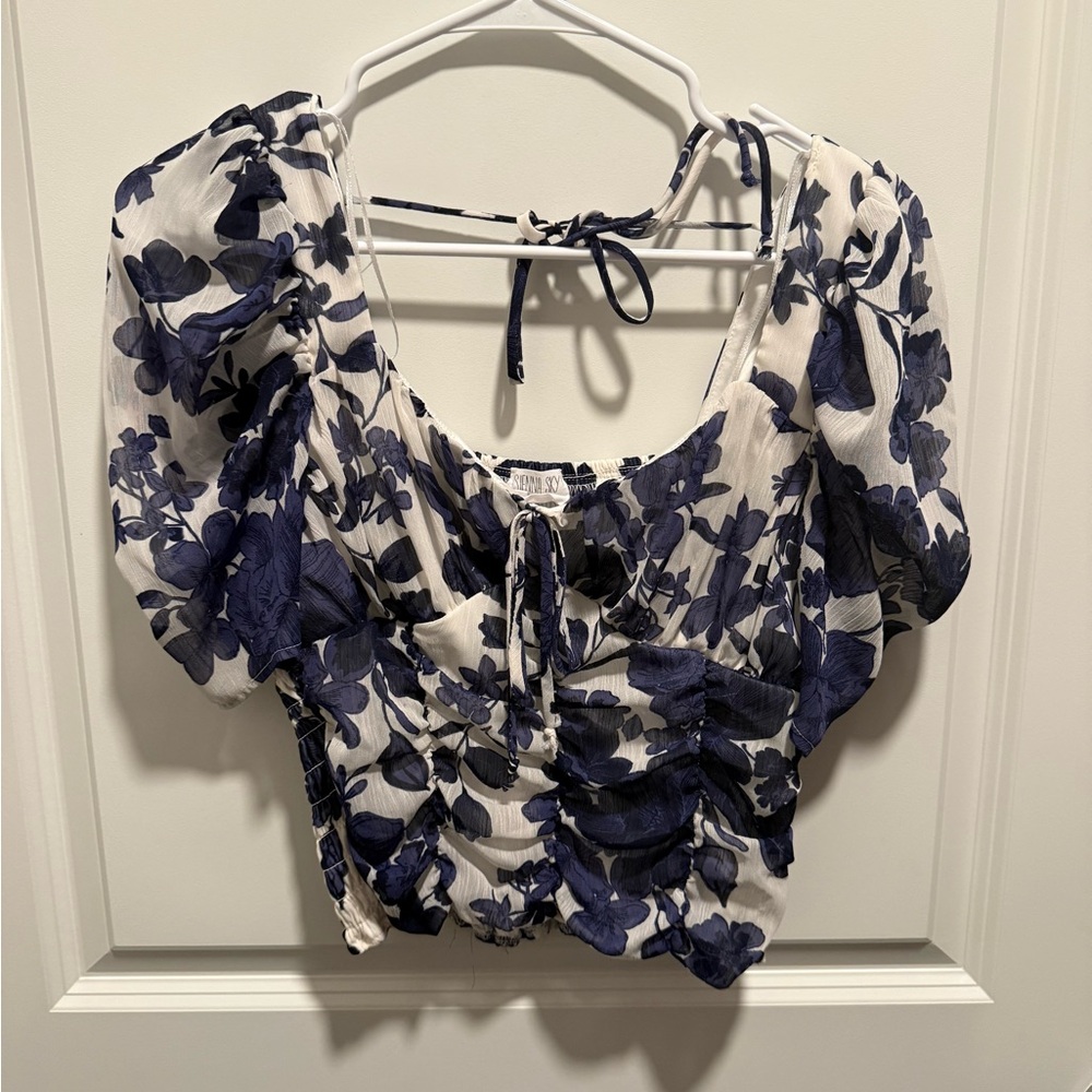 Sienna Sky Blue and White Puff Sleeve Crop Blouse